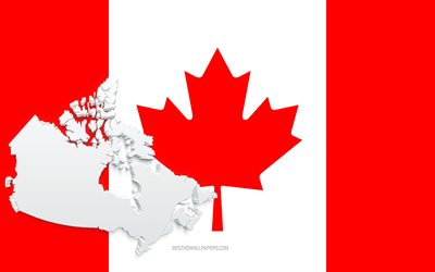 Silhouette de carte du Canada, drapeau du Canada, silhouette sur le drapeau, Canada, silhouette de carte du Canada 3d, carte du Canada 3d