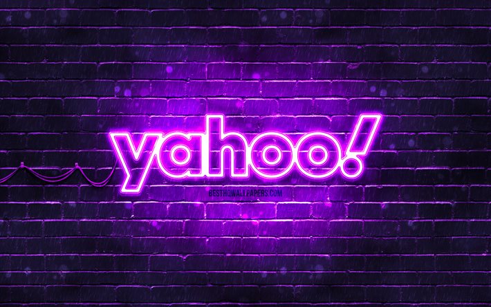 yahoo-violettes logo, 4k, violette neonlichter, kreativer, violetter abstrakter hintergrund, yahoo-logo, marken, yahoo