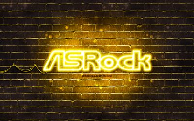 Logo jaune ASrock, 4k, mur de briques jaune, logo ASrock, marques, logo n&#233;on ASrock, ASrock