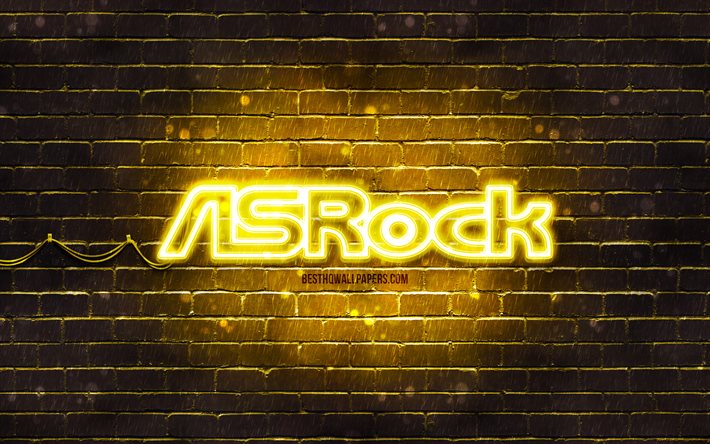 Logo jaune ASrock, 4k, mur de briques jaune, logo ASrock, marques, logo n&#233;on ASrock, ASrock