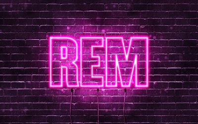 Feliz anivers&#225;rio, Rem, 4k, luzes de n&#233;on rosa, nome Rem, criativo, Feliz anivers&#225;rio Rem, Anivers&#225;rio Rem, nomes femininos japoneses populares, imagem com o nome Rem