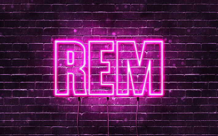 Happy Birthday Rem, 4k, pink neon lights, Rem name, creative, Rem Happy Birthday, Rem Birthday, popular japanese female names, picture with Rem name, Rem