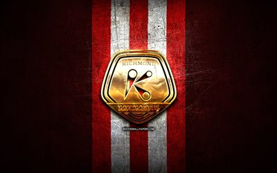 Richmond Kickers FC, golden logo, USL League One, red metal background, american soccer club, Richmond Kickers logo, soccer, Richmond Kickers