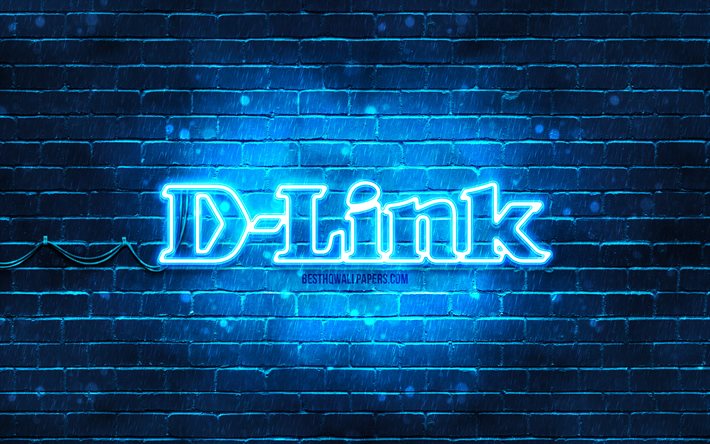 D-Link logo blu, 4k, muro di mattoni blu, logo D-Link, marchi, logo al neon D-Link, D-Link