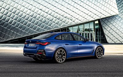 2022, BMW i4, 4k, M50 Gran Coupe, G26, dış cephe, dikiz, yeni mavi i4, mavi i4 Gran Coupe, elektrikli arabalar, Alman otomobil, BMW
