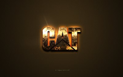 cat goldenes logo, artwork, brauner metallhintergrund, cat-emblem, kreativ, caterpillar-logo, cat-logo, marken, cat, caterpillar