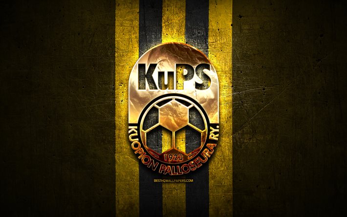 KuPS FC, 金色のロゴ, ヴェイッカウスリーガ, 黄色の金属の背景, フットボール。, フィンランドのサッカークラブ, KuPSFCロゴ, サッカー, クオピオンパロセウラFC