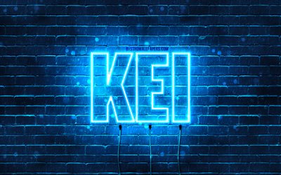 Feliz Anivers&#225;rio Kei, 4k, luzes de n&#233;on azuis, nome Kei, criativo, Kei Feliz Anivers&#225;rio, Anivers&#225;rio Kei, nomes masculinos japoneses populares, foto com o nome Kei, Kei