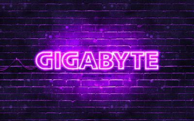 Logo violet Gigabyte, 4k, mur de briques violet, logo Gigabyte, marques, logo néon Gigabyte, Gigabyte