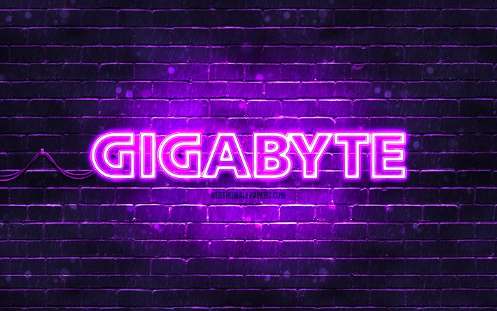 ギガバイトバイオレットロゴ, 4k, 紫のレンガの壁, ギガバイトのロゴ, お, ギガバイトネオンロゴ, ギガバイト