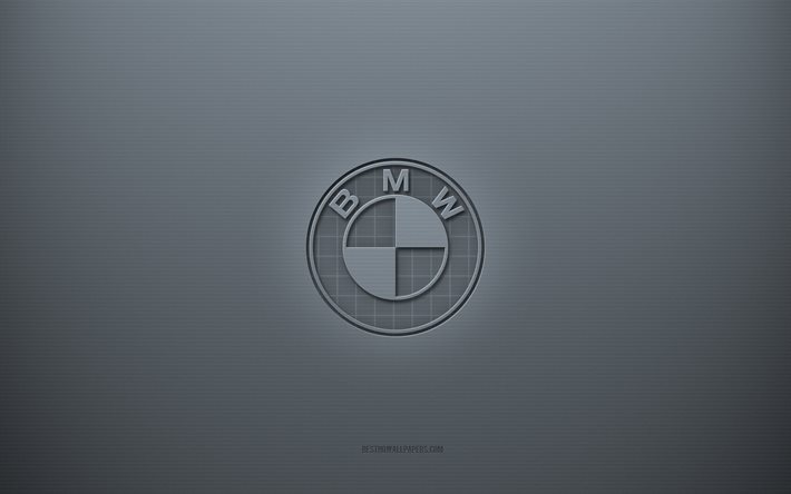 BMWロゴ, 灰色の創造的な背景, BMWエンブレム, 灰色の紙の質感, BMW, 灰色の背景, BMW3dロゴ