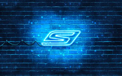 Skechers blue logo, 4k, blue brickwall, Skechers logo, brands, Skechers neon logo, Skechers