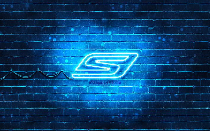 Skechers sininen logo, 4k, sininen tiilisein&#228;, Skechers logo, tuotemerkit, Skechers neon logo, Skechers