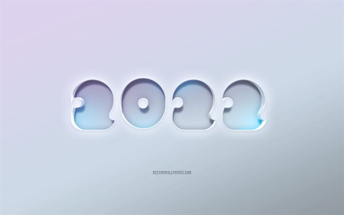 2022 New Year, cut out 3d text, white background, 2022 3d background, Happy New Year 2022, embossed 2022 background, 2022 concepts, 2022 white background, 2022 greeting card