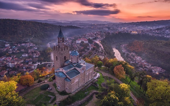 kirkko, vuoret, aamulla, Bulgaria, Yantra, Veliko Tarnovo