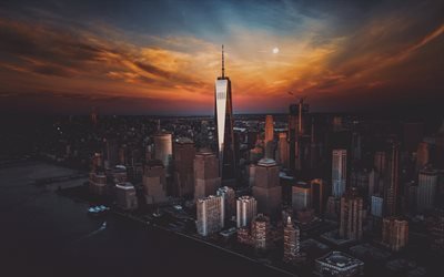 New York, USA, World Trade Center 1, skyscraper, sunset