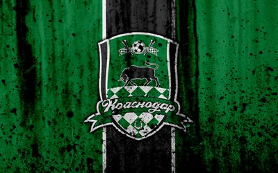 4k, FC Krasnodar, grunge, Rusya Premier Ligi, sanat, futbol, futbol kul&#252;b&#252;, Rusya, Krasnodar, logo, taş doku, Krasnodar FC