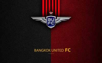 Bangkok United FC, 4K, Thai Football Club, Bangkok Unt logo, emblem, leather texture, Bangkok, Thailand, Thai League 1, football, Thai Premier League