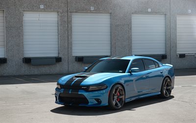 Dodge Charger SRT, 2017, tuning, blue sedan, racing track, American cars, Bailys
