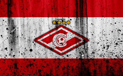 4k, FC Spartak Moscow, grunge, Russian Premier League, art, soccer, football club, Russia, Spartak, logo, stone texture, Spartak Moscow FC