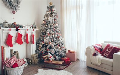 Christmas tree, New Year, fireplace, gift socks, Christmas interior