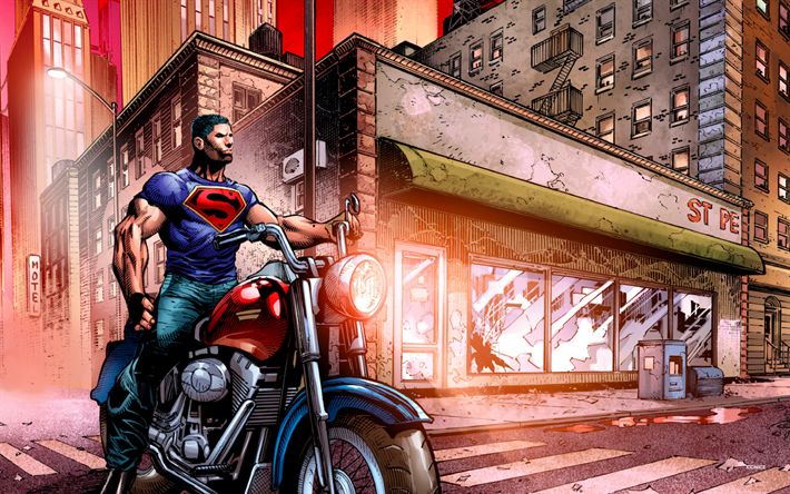 el motorista, de la motocicleta, de la calle, de Superman, de arte