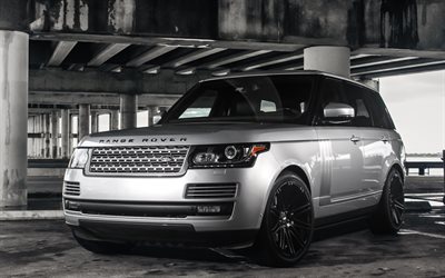 Range Rover Vogue, Land Rover HSE, 2017, plata SUV de lujo, tuning, llantas en negro
