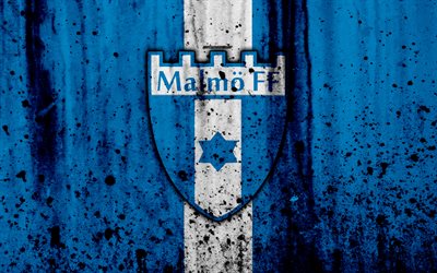 4k, FC Malmo, grunge, Allsvenskan, soccer, art, football club, Sweden, Malmo, logo, stone texture, Malmo FC