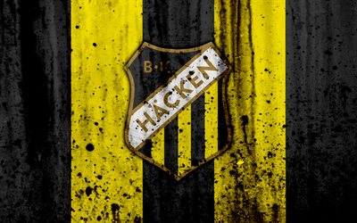 4k, FC Hacken, grunge, Allsvenskan, soccer, art, football club, Sweden, Hacken, logo, stone texture, Hacken FC