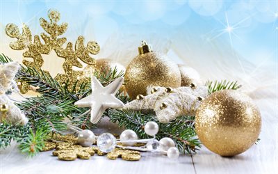 decorazioni di natale, 4k, stelle, palle, Felice Anno Nuovo, Buon Natale, decorazioni in oro, natale, Nuovo Anno
