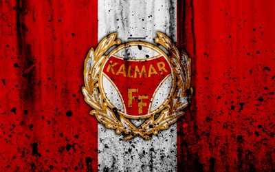 4k, FC Kalmar, grunge, Allsvenskan, soccer, art, football club, Sweden, Kalmar, logo, stone texture, Kalmar FC