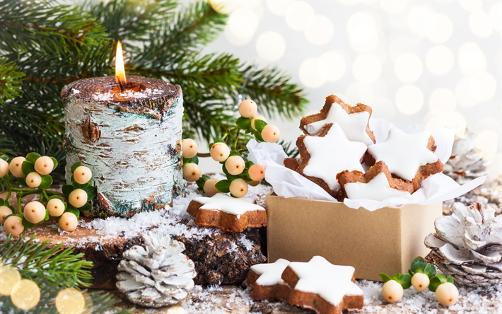 Natale, Nuovo Anno, candela, coni, biscotti, decorazioni di Natale