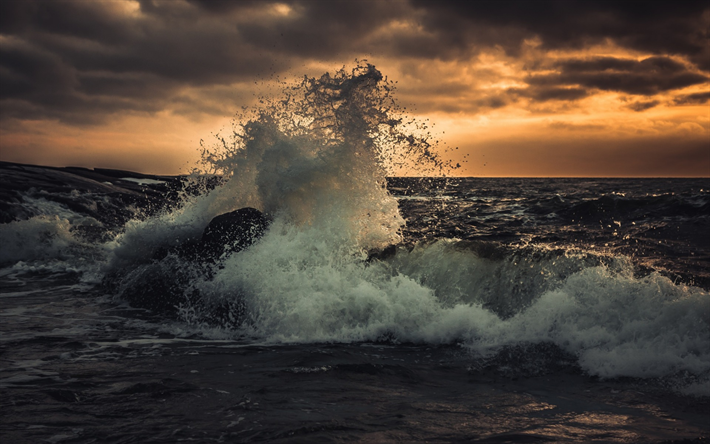 la tormenta, olas grandes, puesta de sol, paisaje marino, mar