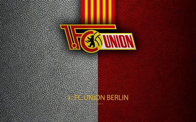 Union Berlin FC, logo, 4k, le cuir de texture, club de football allemand, Berlin, Allemagne, Bundesliga 2, deuxi&#232;me division de football