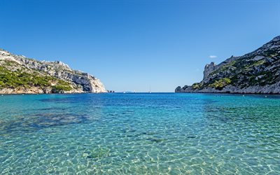 Marsiglia, blue bay, yacht, Mar Mediterraneo, laguna blu, costa, estate, paesaggio marino, Francia