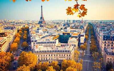 Eiffel-Torni, Pariisi, Syksy, keltainen puita, kaupunkikuva, kaduilla, Pariisin n&#228;ht&#228;vyyksist&#228;, Ranska