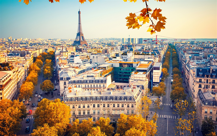Eiffel Tower, Paris, Autumn, yellow trees, cityscape, streets, Paris attractions, France