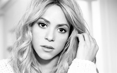 Shakira, la cantante Colombiana, retrato, 4k, monocromo, mujer bella, Shakira Isabel Mebarak Ripoll