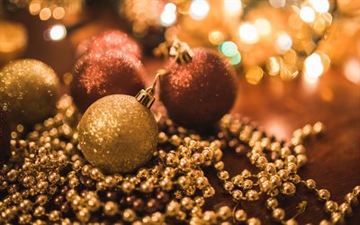 christmas decorations, beads, balls, 4k, Happy New Year, xmas, Merry Christmas, brown decorations, christmas, New Year