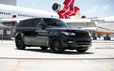 Rover Range Sport, luxury black SUV, tuning, British cars, 2017, airport, passenger plane, Land Rover