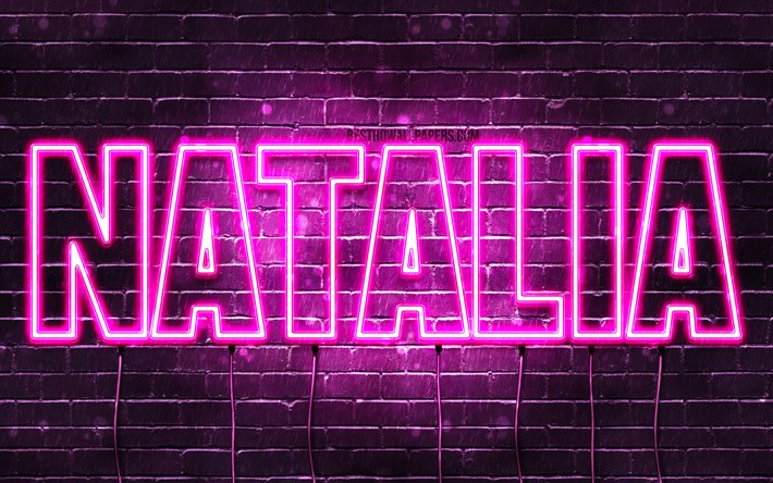 Natalia, 4k, wallpapers with names, female names, Natalia name, purple neon lights, horizontal text, picture with Natalia name