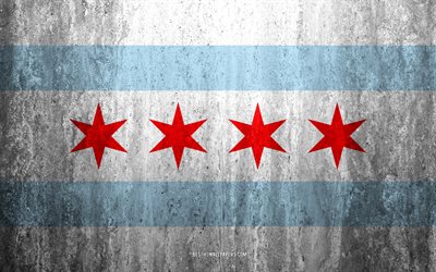 Flaggan i Chicago, Illinois, 4k, sten bakgrund, Amerikansk stad, grunge flagga, Chicago, USA, Chicago flagga, grunge konst, sten struktur, flaggor av amerikanska st&#228;der