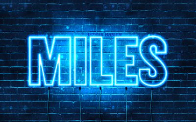 Miles, 4k, isimler, yatay metin ile duvar kağıtları, adı Miles, Miles ile mavi neon ışıkları, resmi adı