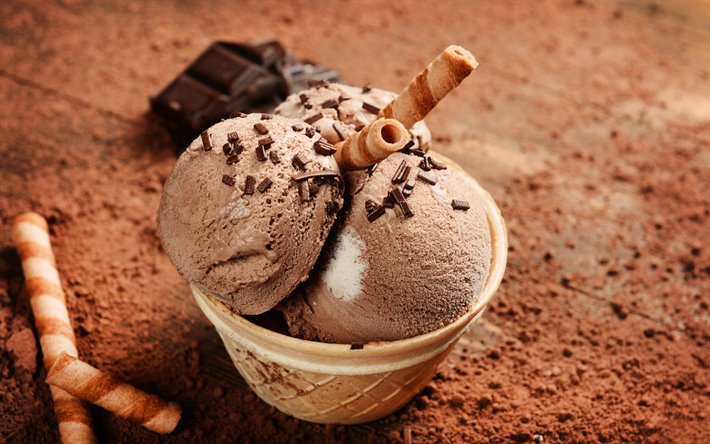 chocolate ice cream, close-up, sweets, ice cream balls, ice cream