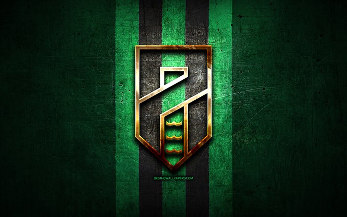 Pordenone FC, golden logo, Serie B, green metal background, football, Pordenone Calcio, italian football club, Pordenone logo, soccer, Italy
