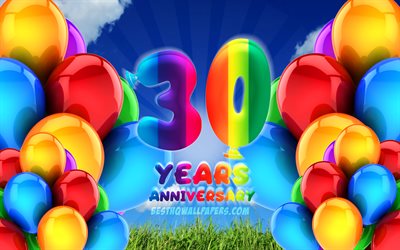 4k, 30 Years Anniversary, cloudy sky background, colorful ballons, artwork, 30th anniversary sign, Anniversary concept, 30th anniversary