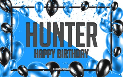 Feliz Cumplea&#241;os Hunter, Globos de Cumplea&#241;os de Fondo, Cazador, fondos de pantalla con los nombres, Azul Globos de Cumplea&#241;os de Fondo, tarjeta de felicitaci&#243;n, Cazador de Cumplea&#241;os