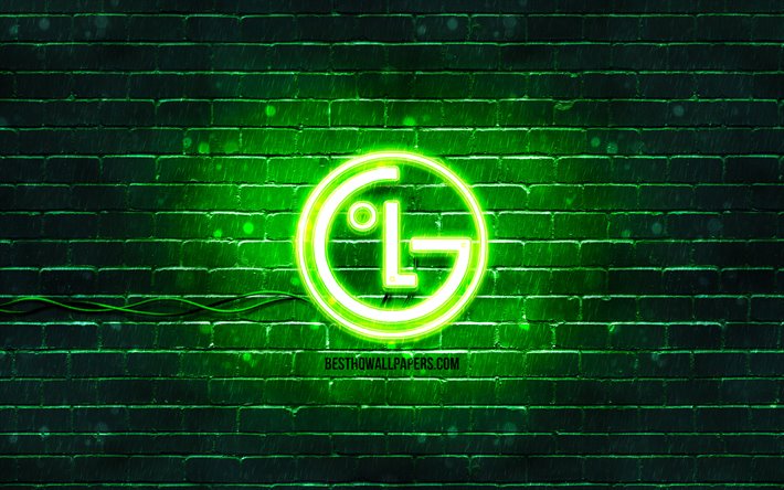 LG logo vert, 4k, vert brickwall, LG logo, marques, LG neon logo LG