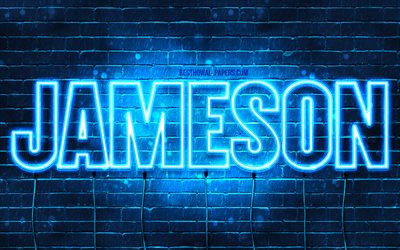 Jameson, 4k, pap&#233;is de parede com os nomes de, texto horizontal, Jameson nome, luzes de neon azuis, imagem com Jameson nome