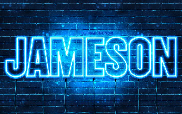Jameson, 4k, taustakuvia nimet, vaakasuuntainen teksti, Jameson nimi, blue neon valot, kuva Jameson nimi